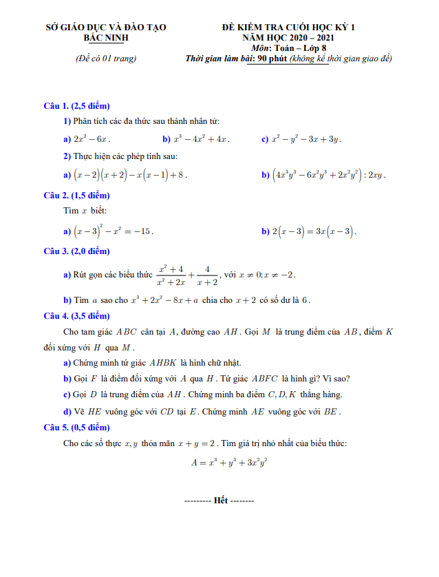 Đề thi cuối học kì 1 (HK1) lớp 8 môn Toán năm 2020 2021 sở GD ĐT Bắc Ninh