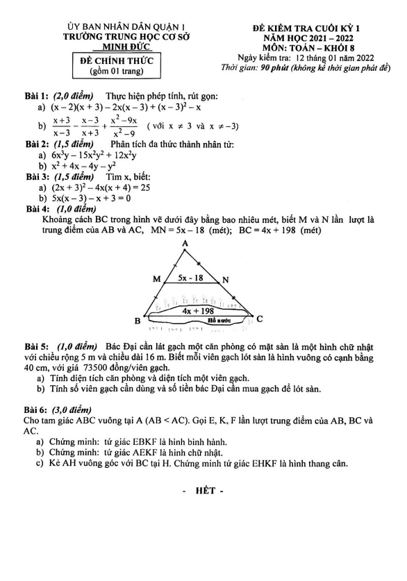 Đề thi cuối học kì 1 (HK1) lớp 8 môn Toán năm 2021 2022 trường THCS Minh Đức TP HCM
