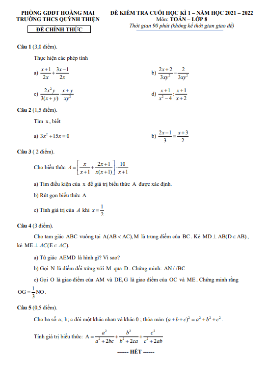 Đề thi cuối học kì 1 (HK1) lớp 8 môn Toán năm 2021 2022 trường THCS Quỳnh Thiện Hà Nội