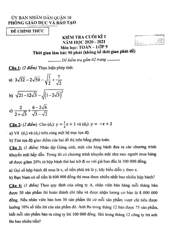 Đề thi cuối học kì 1 (HK1) lớp 9 môn Toán năm 2020 2021 phòng GD ĐT Quận 10 TP HCM