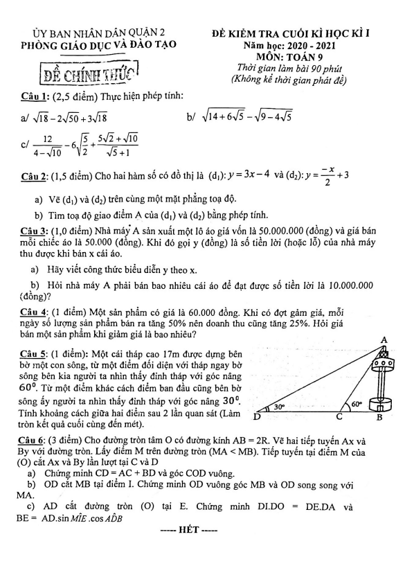 Đề thi cuối học kì 1 (HK1) lớp 9 môn Toán năm 2020 2021 phòng GD ĐT Quận 2 TP HCM