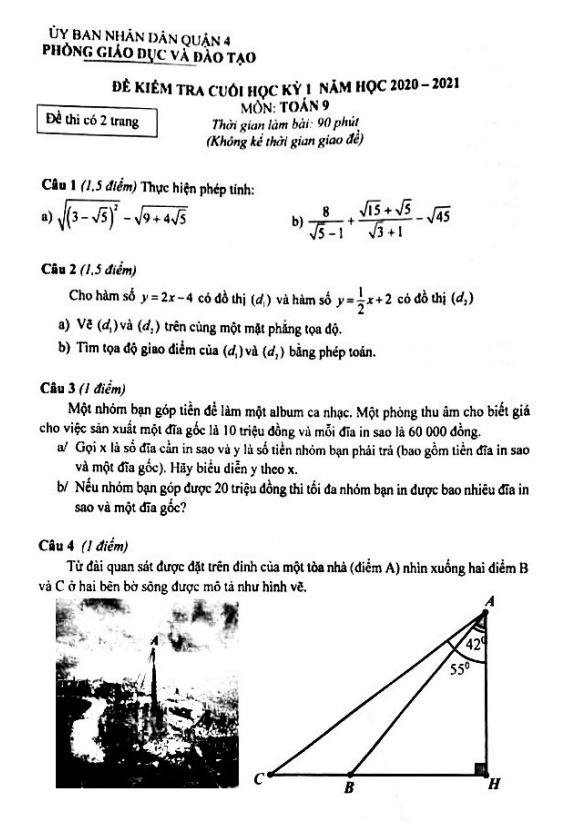Đề thi cuối học kì 1 (HK1) lớp 9 môn Toán năm 2020 2021 phòng GD ĐT Quận 4 TP HCM