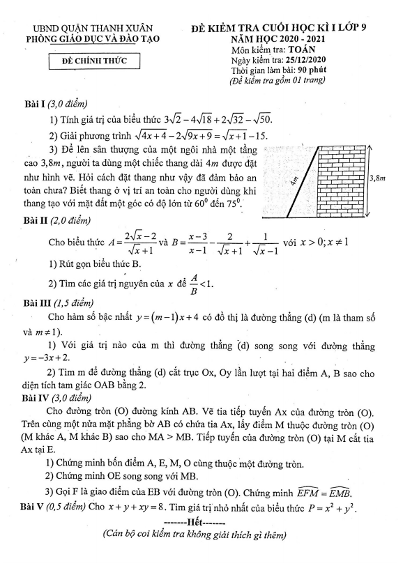 Đề thi cuối học kì 1 (HK1) lớp 9 môn Toán năm 2020 2021 phòng GD ĐT Thanh Xuân Hà Nội