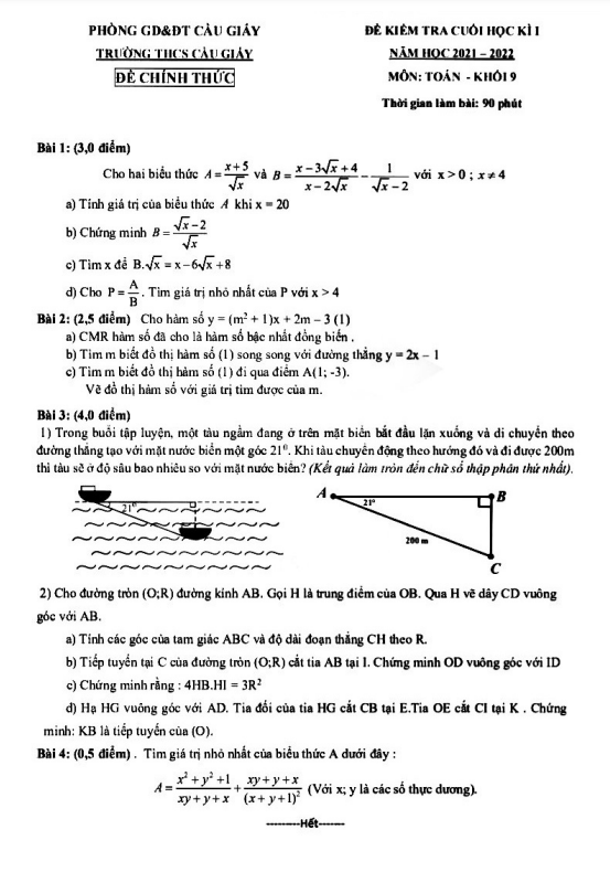 Đề thi cuối học kì 1 (HK1) lớp 9 môn Toán năm 2021 2022 trường THCS Cầu Giấy Hà Nội