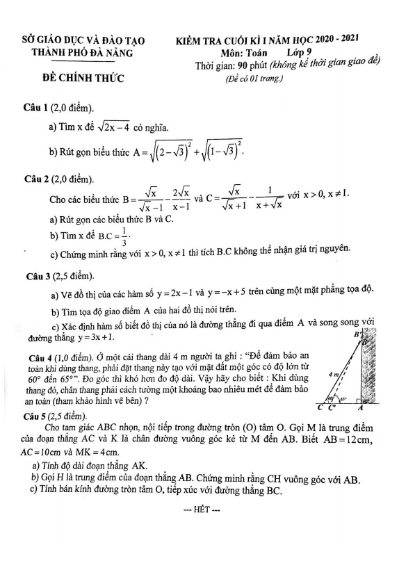 Đề thi cuối học kì 1 (HK1) lớp 9 môn Toán năm học 2020 2021 sở GD ĐT Đà Nẵng