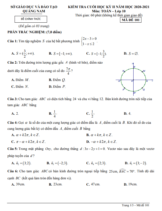 Đề thi cuối học kì 2 (HK2) lớp 10 môn Toán năm 2020 2021 sở GD ĐT Quảng Nam