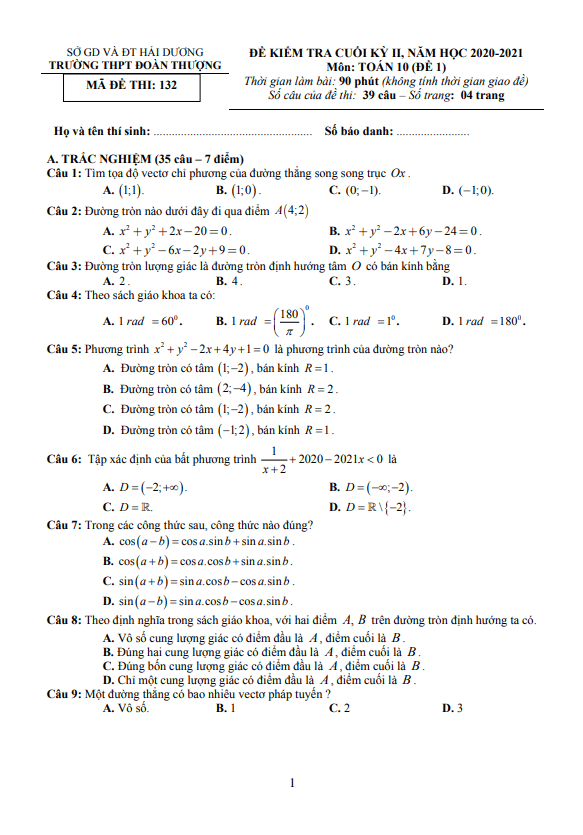 Đề thi cuối học kì 2 (HK2) lớp 10 môn Toán năm 2020 2021 trường Đoàn Thượng Hải Dương
