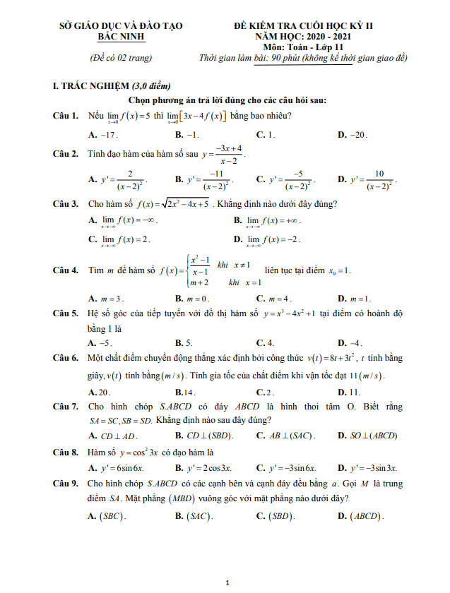 Đề thi cuối học kì 2 (HK2) lớp 11 môn Toán năm 2020 2021 sở GD ĐT Bắc Ninh