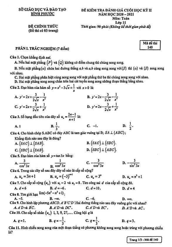 Đề thi cuối học kì 2 (HK2) lớp 11 môn Toán năm 2020 2021 sở GD ĐT Bình Phước