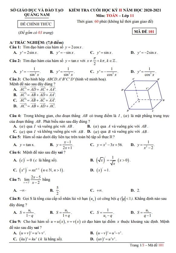 Đề thi cuối học kì 2 (HK2) lớp 11 môn Toán năm 2020 2021 sở GD ĐT Quảng Nam