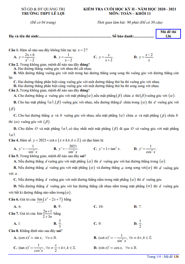 Đề thi cuối học kì 2 (HK2) lớp 11 môn Toán năm 2020 2021 trường THPT Lê Lợi Quảng Trị