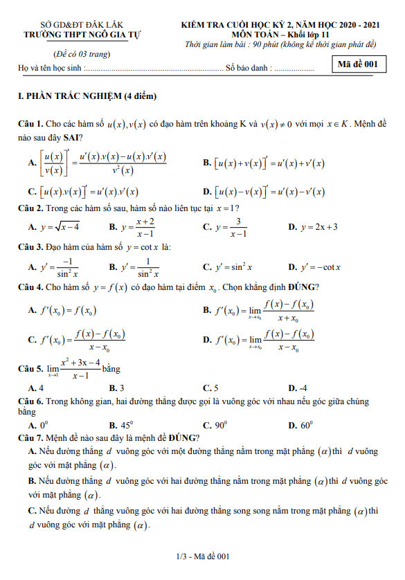 Đề thi cuối học kì 2 (HK2) lớp 11 môn Toán năm 2020 2021 trường THPT Ngô Gia Tự Đắk Lắk