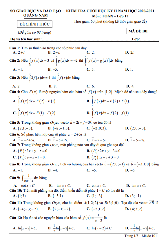 Đề thi cuối học kì 2 (HK2) lớp 12 môn Toán năm 2020 2021 sở GD ĐT Quảng Nam