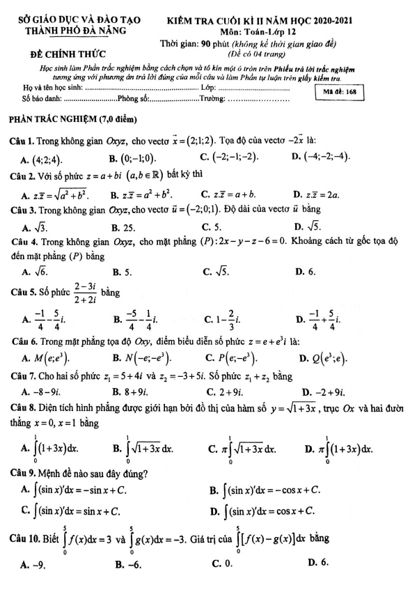 Đề thi cuối học kì 2 (HK2) lớp 12 môn Toán năm 2020 2021 sở GD ĐT thành phố Đà Nẵng