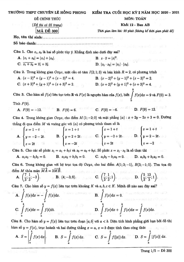 Đề thi cuối học kì 2 (HK2) lớp 12 môn Toán năm 2020 2021 trường chuyên Lê Hồng Phong TP HCM