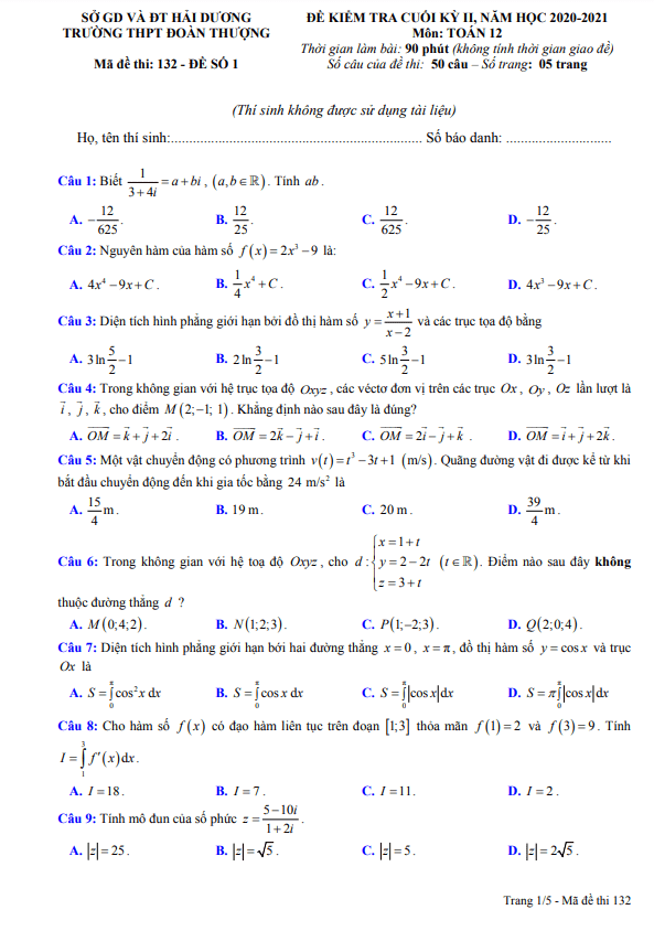 Đề thi cuối học kì 2 (HK2) lớp 12 môn Toán năm 2020 2021 trường Đoàn Thượng Hải Dương