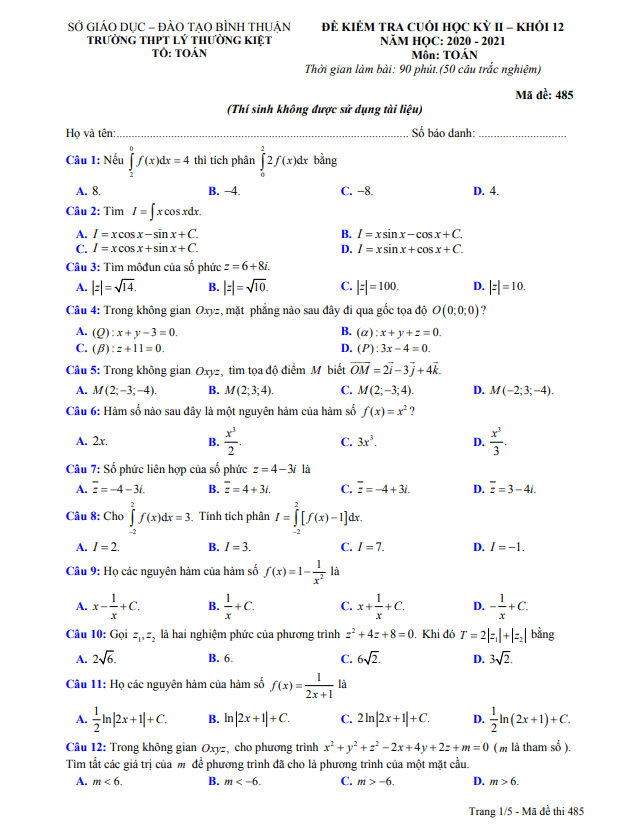 Đề thi cuối học kì 2 (HK2) lớp 12 môn Toán năm 2020 2021 trường Lý Thường Kiệt Bình Thuận