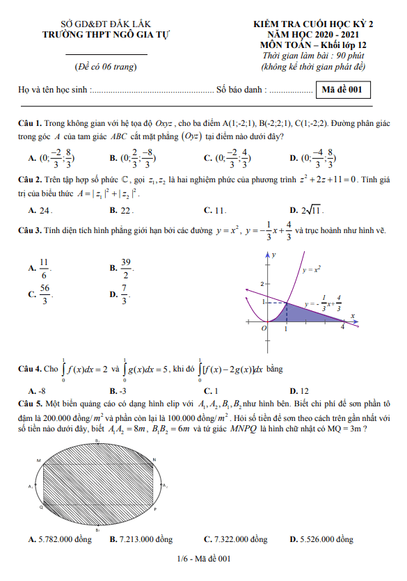 Đề thi cuối học kì 2 (HK2) lớp 12 môn Toán năm 2020 2021 trường THPT Ngô Gia Tự Đắk Lắk