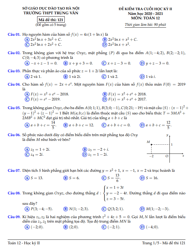 Đề thi cuối học kì 2 (HK2) lớp 12 môn Toán năm 2020 2021 trường THPT Trung Văn Hà Nội