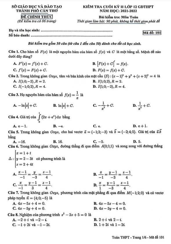 Đề thi cuối học kì 2 (HK2) lớp 12 môn Toán năm 2021 2022 sở GD ĐT thành phố Cần Thơ