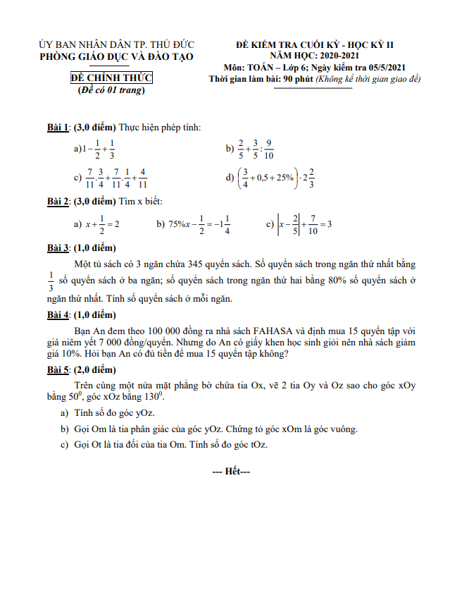 Đề thi cuối học kì 2 (HK2) lớp 6 môn Toán năm 2020 2021 phòng GD ĐT Thủ Đức TP HCM