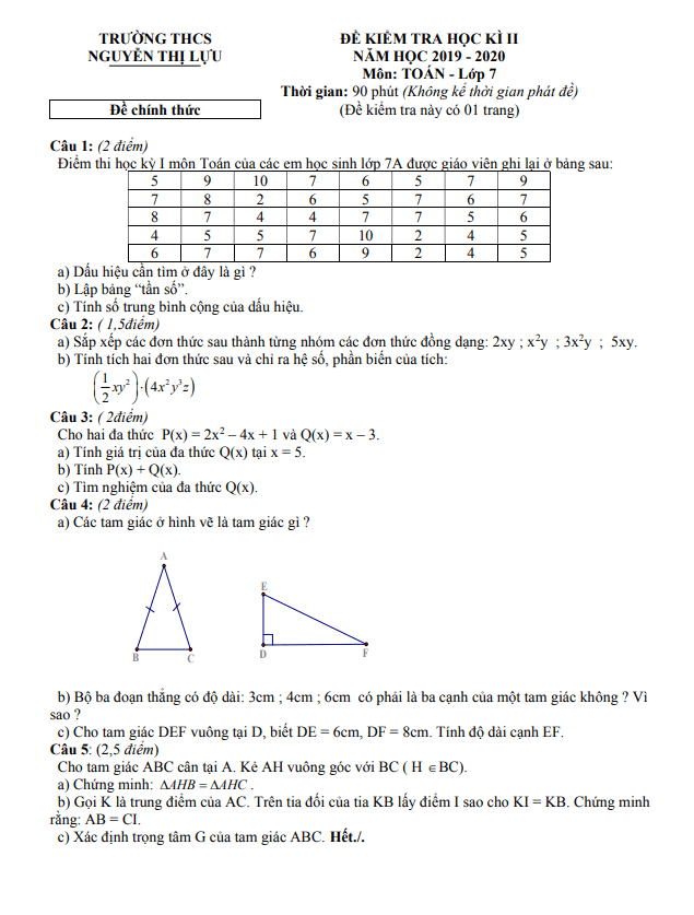 Đề thi cuối học kì 2 (HK2) lớp 7 môn Toán năm 2019 2020 trường THCS Nguyễn Thị Lựu Đồng Tháp