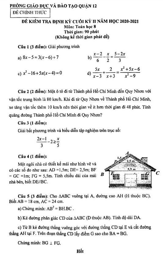 Đề thi cuối học kì 2 (HK2) lớp 8 môn Toán năm 2020 2021 phòng GD ĐT quận 12 TP HCM