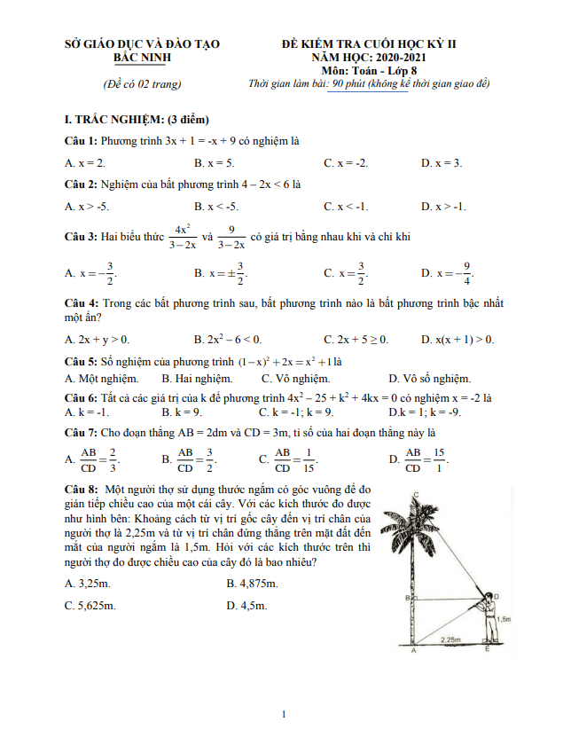 Đề thi cuối học kì 2 (HK2) lớp 8 môn Toán năm 2020 2021 sở GD ĐT Bắc Ninh
