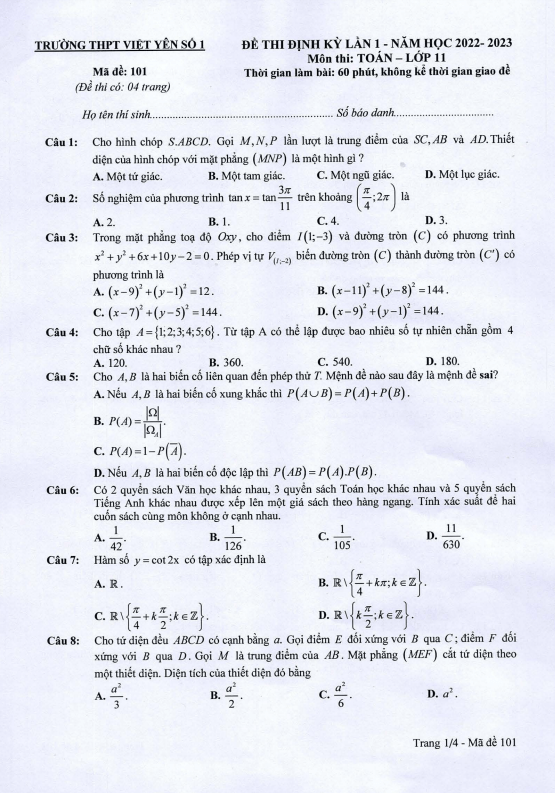 Đề thi định kỳ lần 1 lớp 11 môn Toán năm 2022 2023 trường THPT Việt Yên 1 Bắc Giang