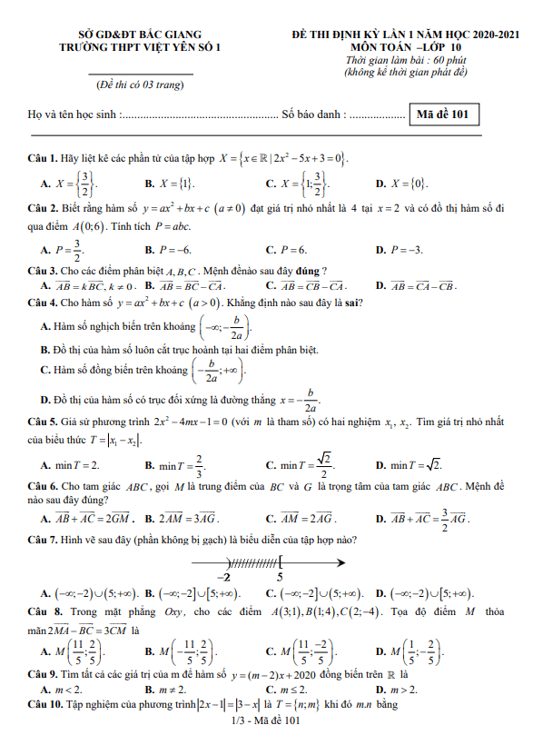 Đề thi định kỳ lớp 10 môn Toán lần 1 năm 2020 2021 trường Việt Yên 1 Bắc Giang