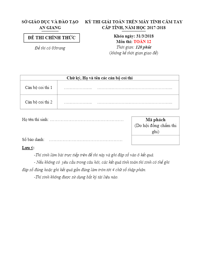Đề thi giải lớp 12 môn Toán trên máy tính cầm tay cấp tỉnh năm 2017 2018 sở GD ĐT An Giang