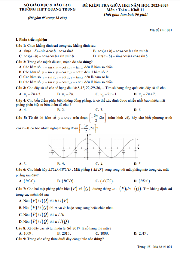 Đề thi giữa HKI lớp 11 môn Toán năm 2023 2024 trường THPT Quang Trung Hải Dương