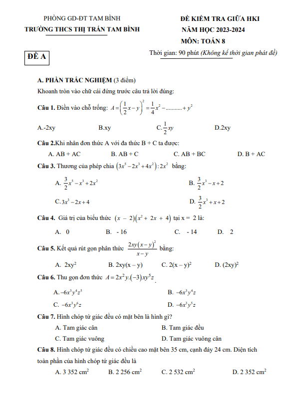 Đề thi giữa HKI lớp 8 môn Toán năm 2023 2024 trường THCS Thị trấn Tam Bình Vĩnh Long