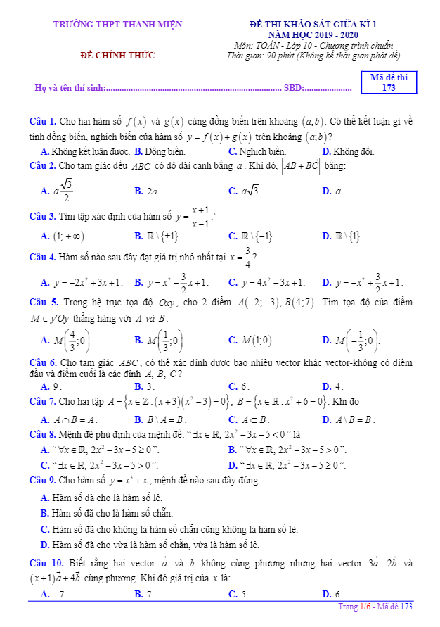 Đề thi giữa học kì 1 (HK1) lớp 10 môn Toán năm 2019 2020 trường Thanh Miện Hải Dương