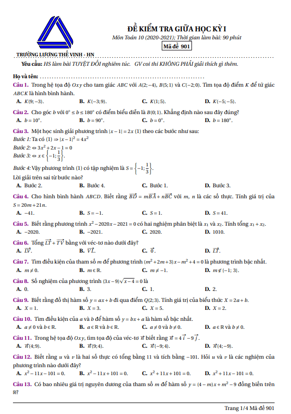 Đề thi giữa học kì 1 (HK1) lớp 10 môn Toán năm 2020 2021 trường Lương Thế Vinh Hà Nội