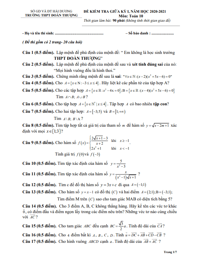 Đề thi giữa học kì 1 (HK1) lớp 10 môn Toán năm 2020 2021 trường THPT Đoàn Thượng Hải Dương