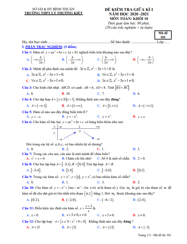 Đề thi giữa học kì 1 (HK1) lớp 10 môn Toán năm 2020 2021 trường THPT Lý Thường Kiệt Bình Thuận