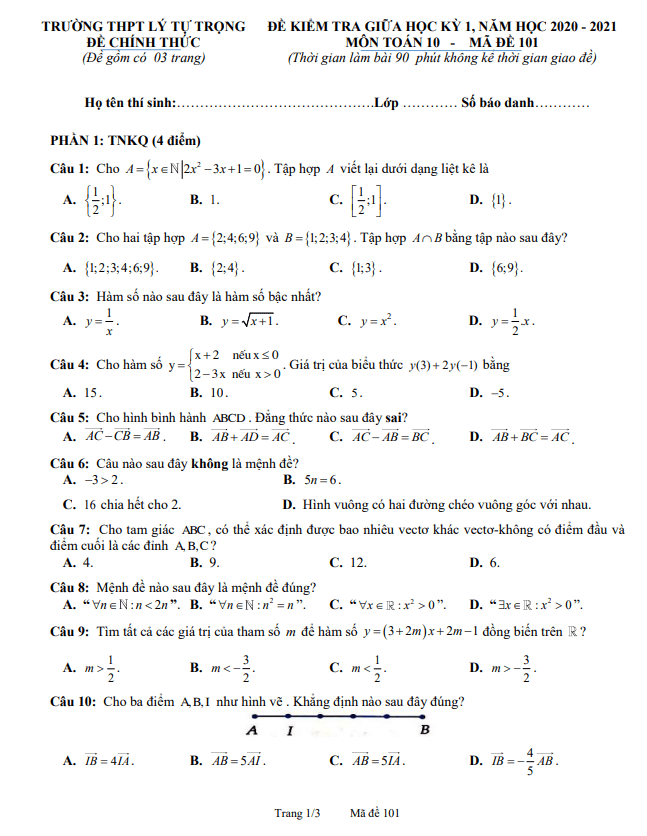 Đề thi giữa học kì 1 (HK1) lớp 10 môn Toán năm 2020 2021 trường THPT Lý Tự Trọng Hà Tĩnh