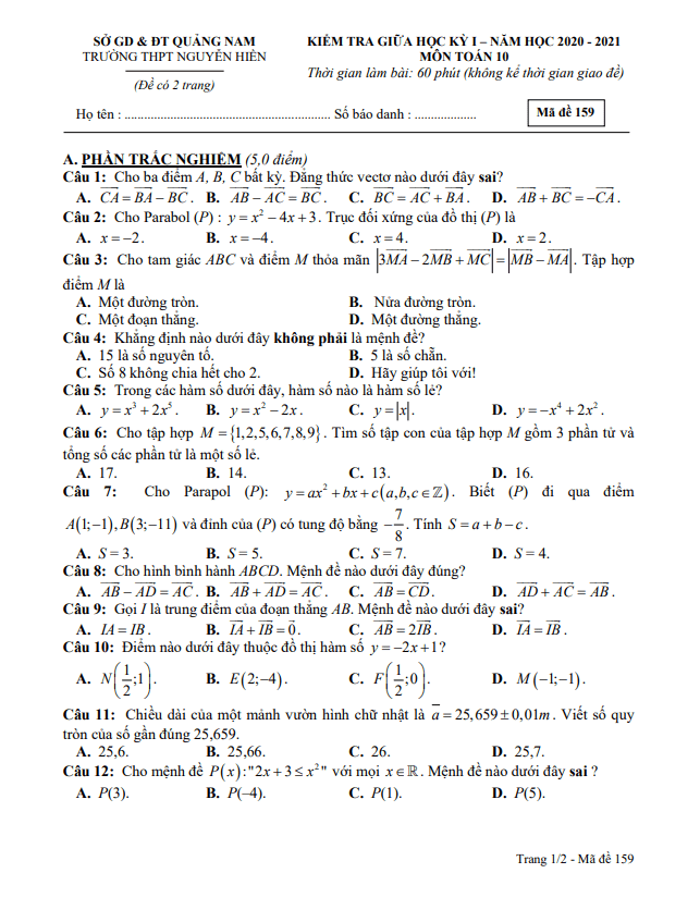 Đề thi giữa học kì 1 (HK1) lớp 10 môn Toán năm 2020 2021 trường THPT Nguyễn Hiền Quảng Nam