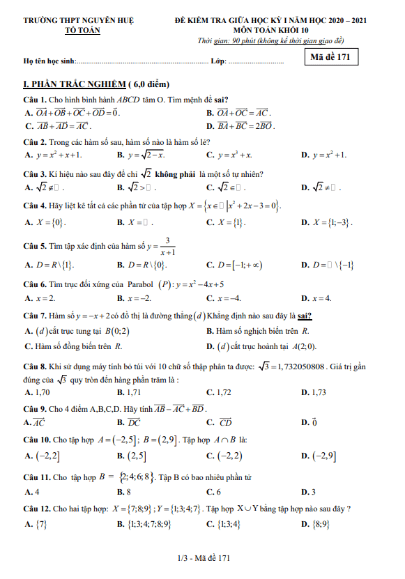 Đề thi giữa học kì 1 (HK1) lớp 10 môn Toán năm 2020 2021 trường THPT Nguyễn Huệ Đắk Lắk