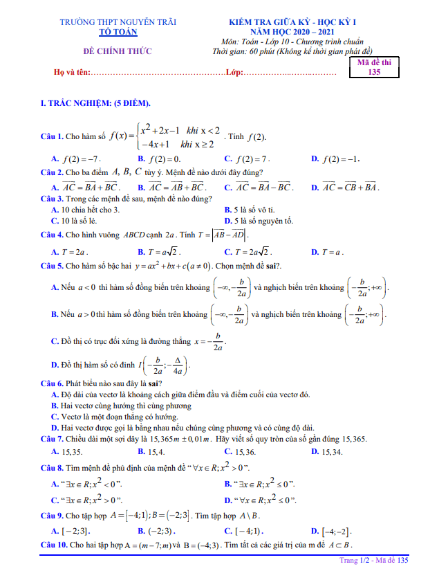Đề thi giữa học kì 1 (HK1) lớp 10 môn Toán năm 2020 2021 trường THPT Nguyễn Trãi Quảng Nam