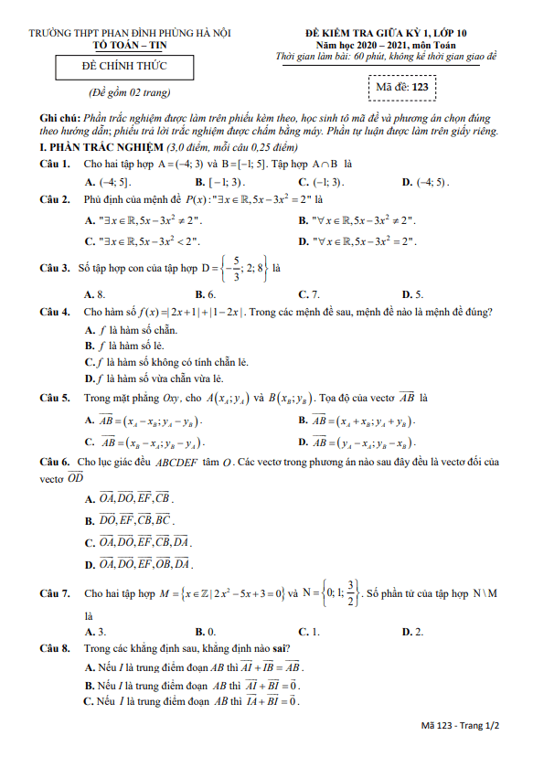 Đề thi giữa học kì 1 (HK1) lớp 10 môn Toán năm 2020 2021 trường THPT Phan Đình Phùng Hà Nội
