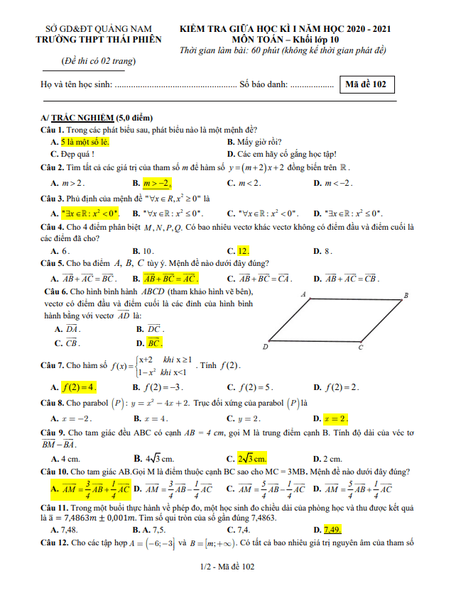 Đề thi giữa học kì 1 (HK1) lớp 10 môn Toán năm 2020 2021 trường THPT Thái Phiên Quảng Nam