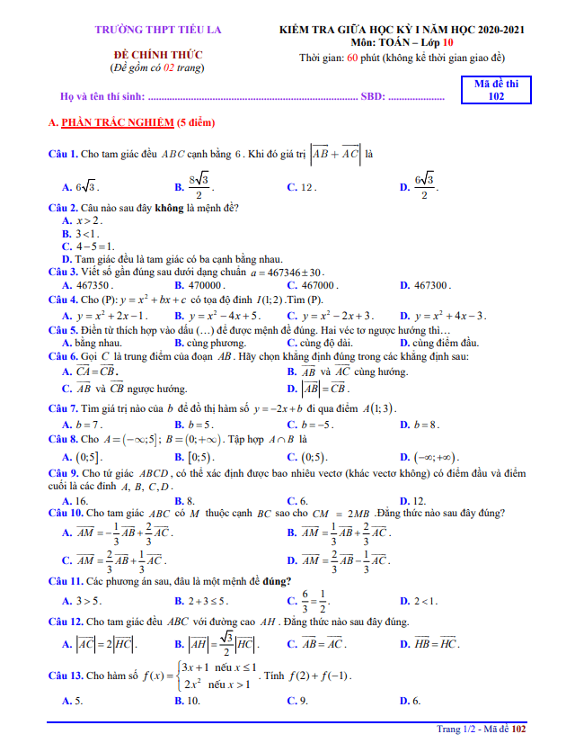 Đề thi giữa học kì 1 (HK1) lớp 10 môn Toán năm 2020 2021 trường THPT Tiểu La Quảng Nam