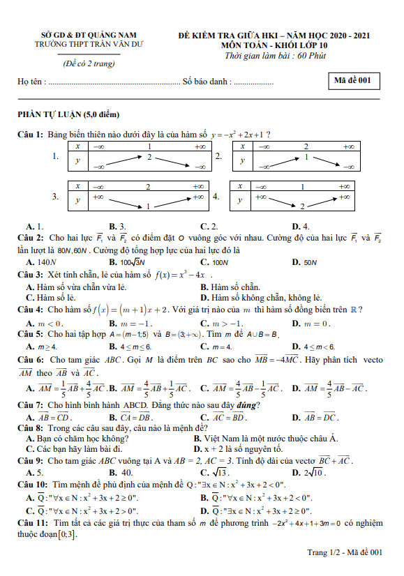 Đề thi giữa học kì 1 (HK1) lớp 10 môn Toán năm 2020 2021 trường THPT Trần Văn Dư Quảng Nam