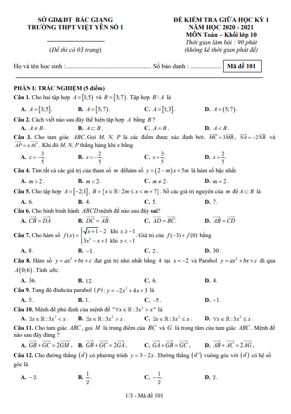 Đề thi giữa học kì 1 (HK1) lớp 10 môn Toán năm 2020 2021 trường THPT Việt Yên 1 Bắc Giang