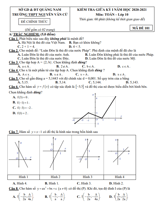 Đề thi giữa học kì 1 (HK1) lớp 10 môn Toán năm 2020 – 2021 trường THPT Nguyễn Văn Cừ – Quảng Nam