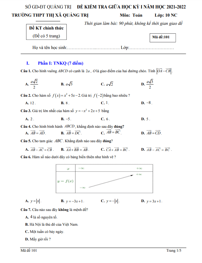 Đề thi giữa học kì 1 (HK1) lớp 10 môn Toán năm 2021 2022 trường THPT Thị xã Quảng Trị