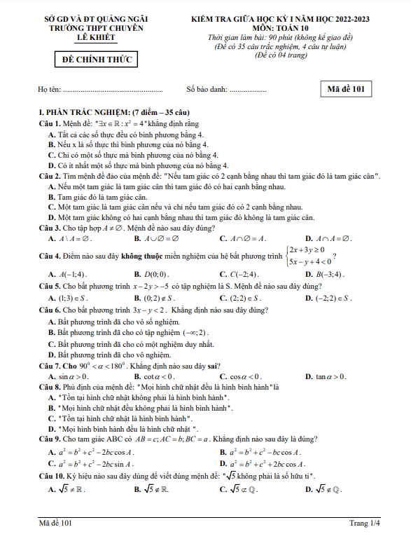 Đề thi giữa học kì 1 (HK1) lớp 10 môn Toán năm 2022 2023 trường chuyên Lê Khiết Quảng Ngãi