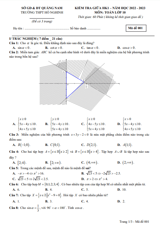 Đề thi giữa học kì 1 (HK1) lớp 10 môn Toán năm 2022 2023 trường THPT Hồ Nghinh Quảng Nam